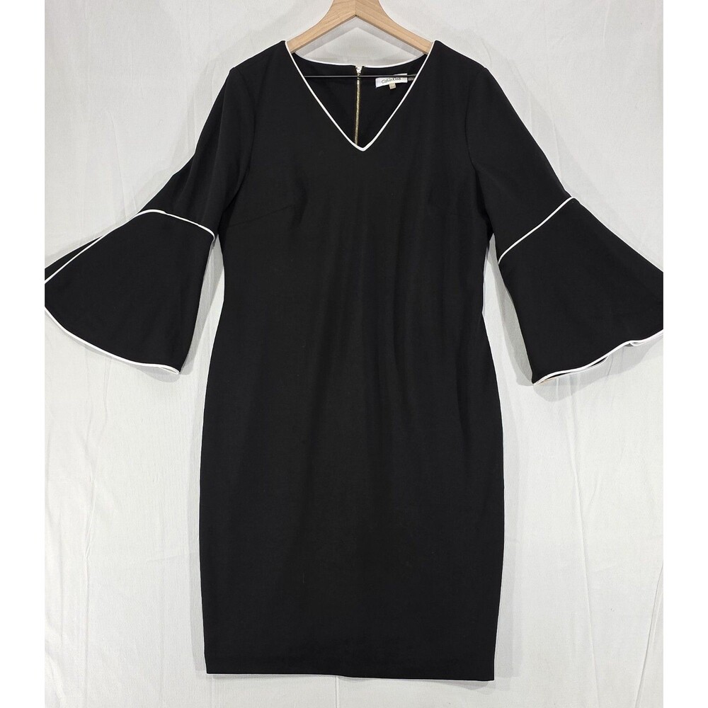 Calvin Klein Black Bell Sleeve Sheath Dress 14 V-Neck White Trim Mod Office Chic